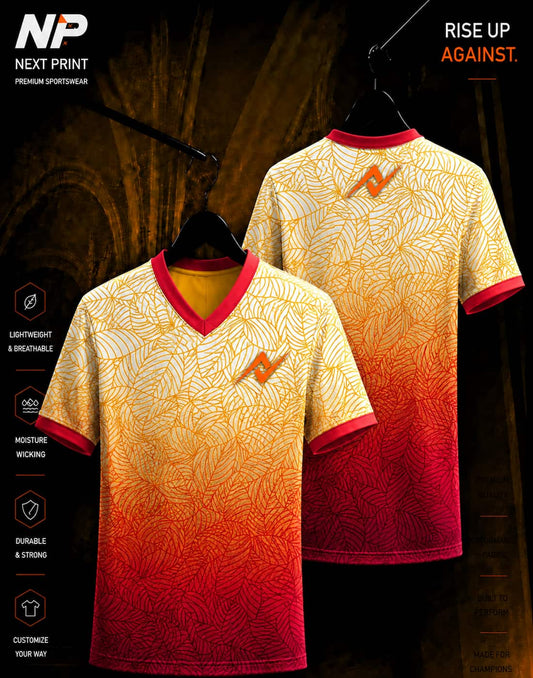 Front and back mockup of the Next Print Leaf Fusion Gradient V-Neck sports jersey featuring a white, orange, and crimson botanical leaf sublimation design with the Next Print logo.