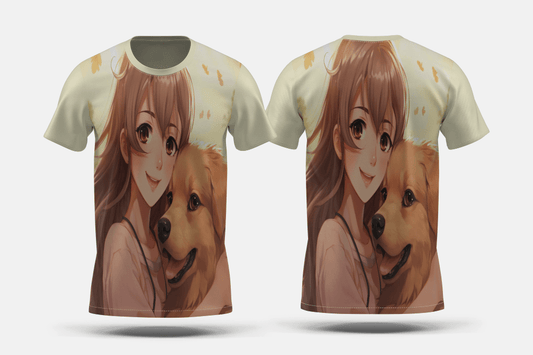 Next Print Medium shot anime woman hugging dog Printed t-shirt - Next Print