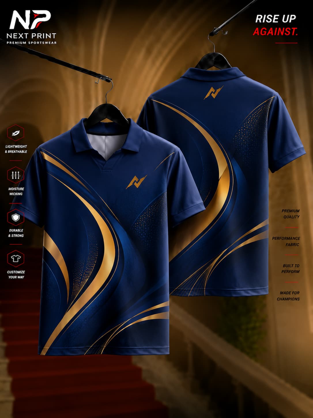 Premium navy blue polo collar sports jersey with luxury gold wave graphics, custom dry-fit team jersey for cricket, football, volleyball, and athletic wear.