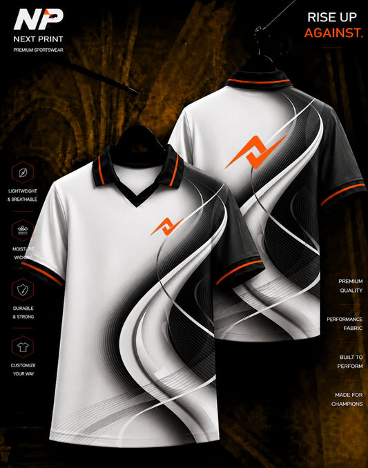 Next Print monochrome wave sublimation polo jersey with front and back view in black, white, and grey abstract design.