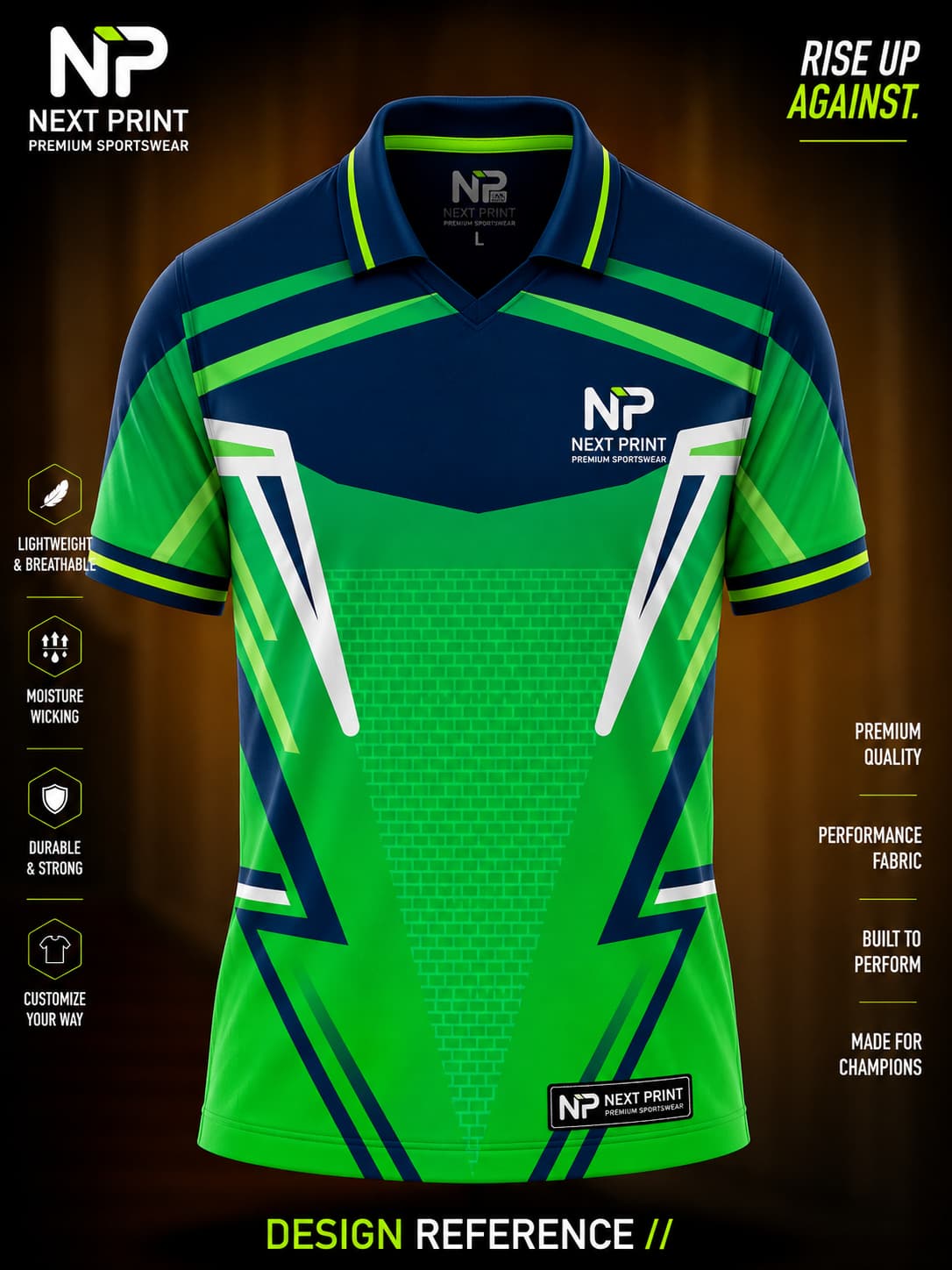 Front view of Next Print neon green and navy performance polo cricket jersey featuring bold geometric graphics and premium sublimated sportswear.