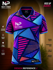 Front view of Next Print neon purple and blue geometric polo cricket jersey featuring vibrant angular graphics and premium sublimation sportswear.