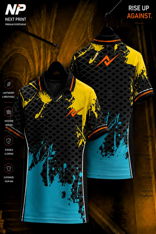 Next Print premium black polo jersey with yellow and cyan paint splash sublimation design front and back mockup