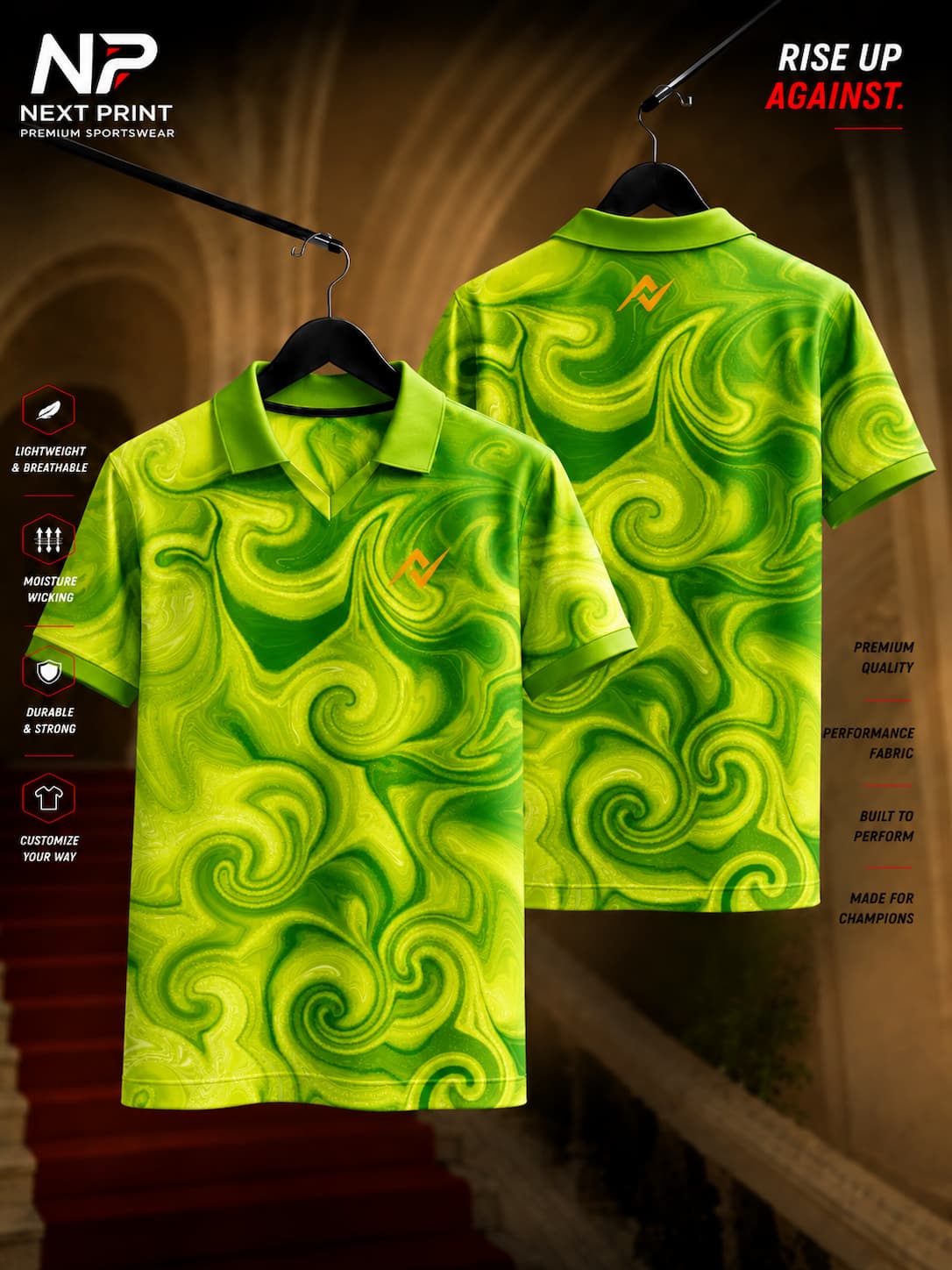Front and back view of Next Print lime green neon swirl dry-fit polo sports jersey with abstract fluid pattern and performance fabric.