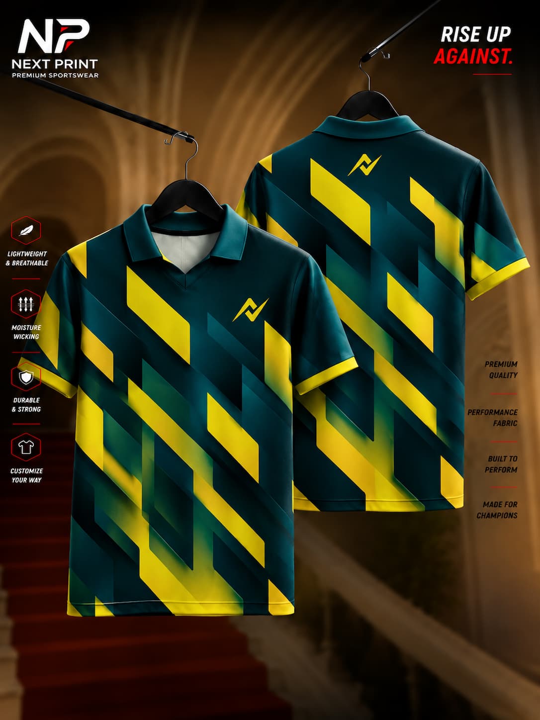 Next Print Neon Vector yellow and teal performance polo jersey with geometric graphics and premium dry-fit sports fabric.