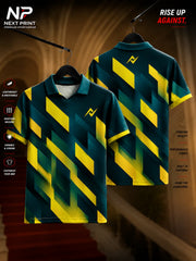 Next Print Neon Vector yellow and teal performance polo jersey with geometric graphics and premium dry-fit sports fabric.