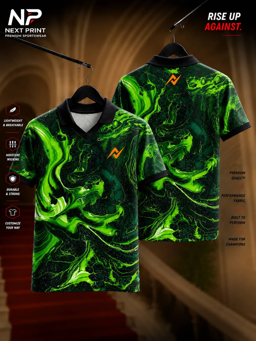 Front and back view of Next Print Neon Vortex green and black abstract marble polo collar sports jersey with premium dry-fit fabric.