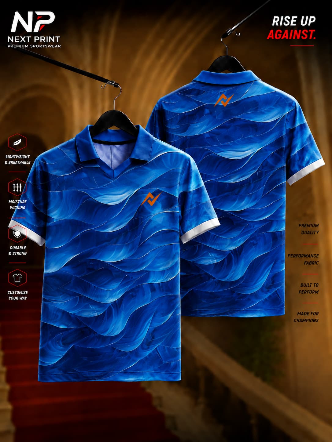 Front and back view of Next Print ocean wave blue polo collar sports jersey featuring layered wave graphics and premium dry-fit fabric.