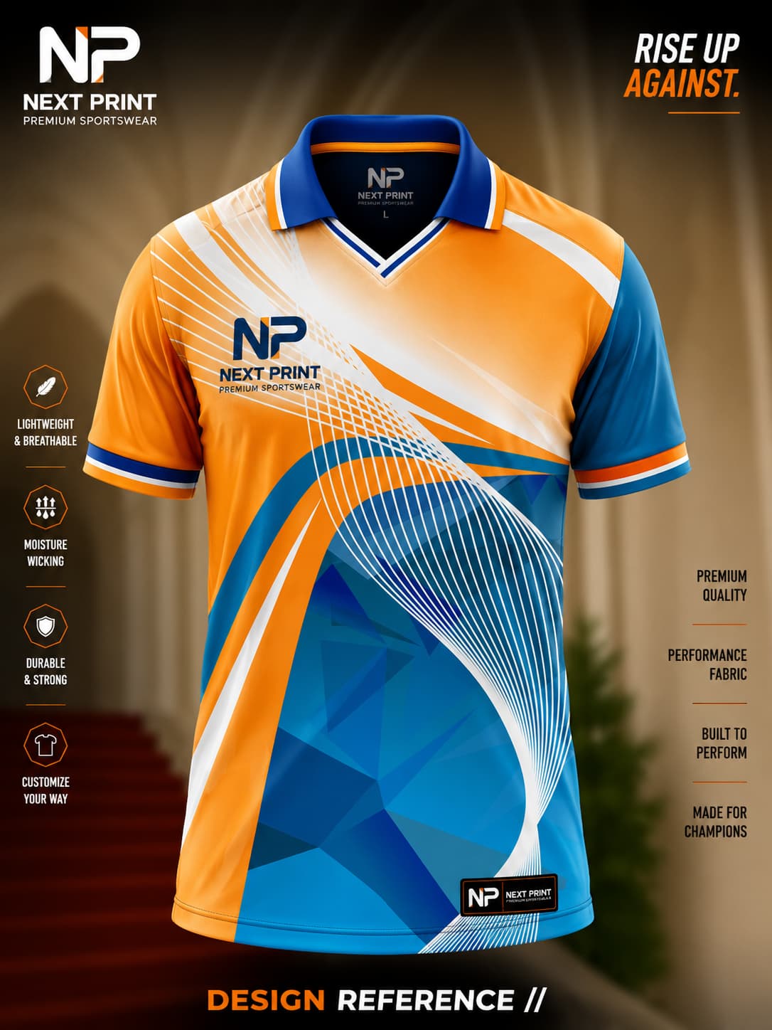Front view of Next Print orange and blue abstract polo cricket jersey featuring geometric graphics and premium sublimation sportswear.