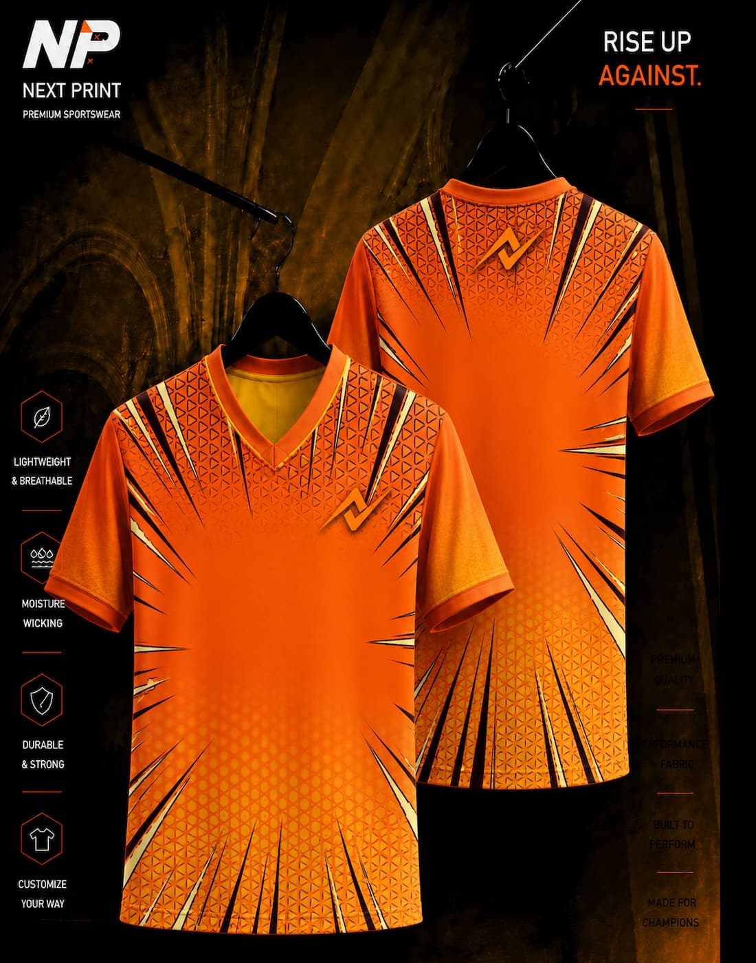 Orange comic burst sublimation V-neck sports jersey front and back mockup by Next Print
