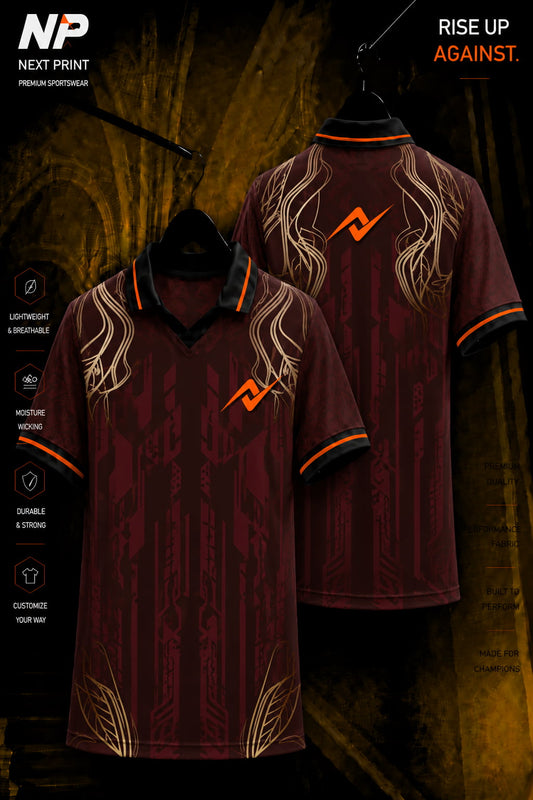 Premium maroon tech pattern sublimation polo sports jersey with front and back view by Next Print