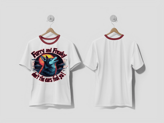 NEXT PRINT Psychedelic T-Shirt Design Clipart with Howling Wolf in Bunny Ears and Furry and Freaky Phrase - Next Print