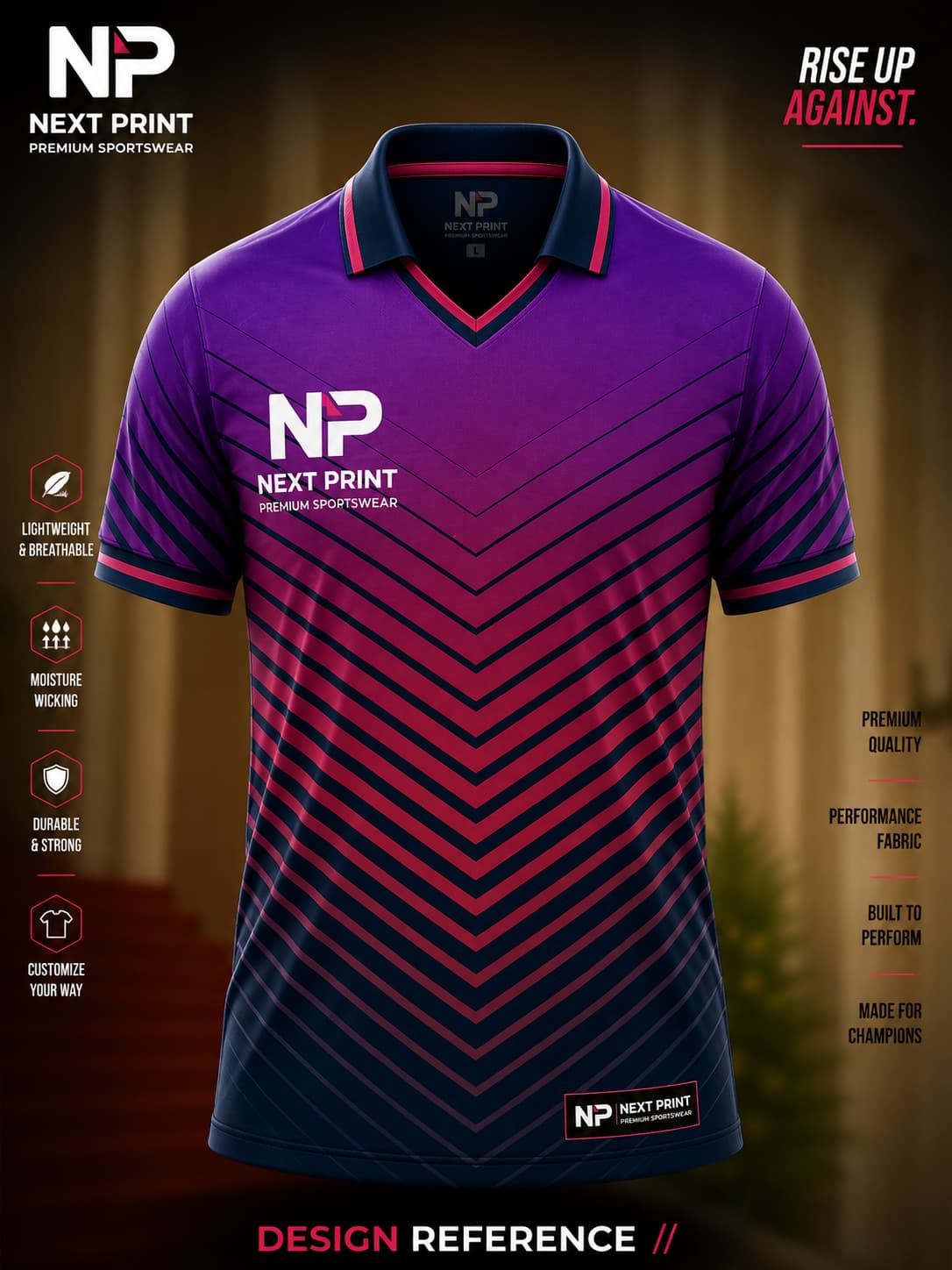 Front view of Next Print purple and navy chevron polo cricket jersey featuring gradient colors, bold V-shaped stripes, and premium sublimation sportswear.