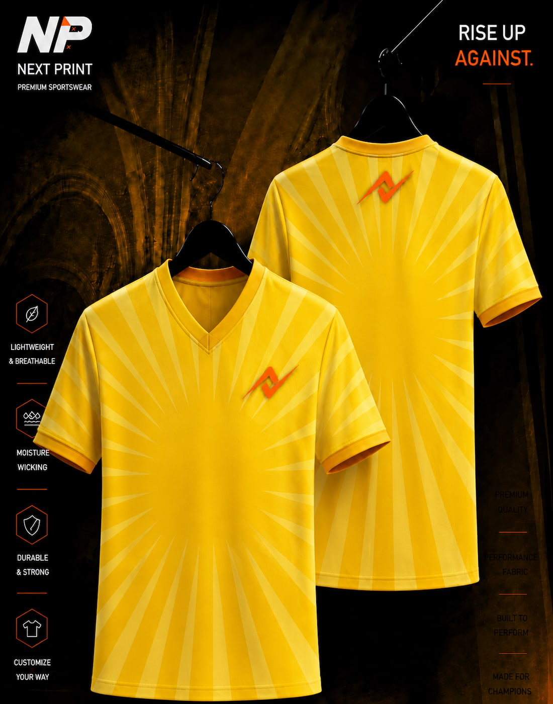 Next Print Radiant Sunburst Yellow Premium V-Neck Esports Jersey Front and Back Mockup