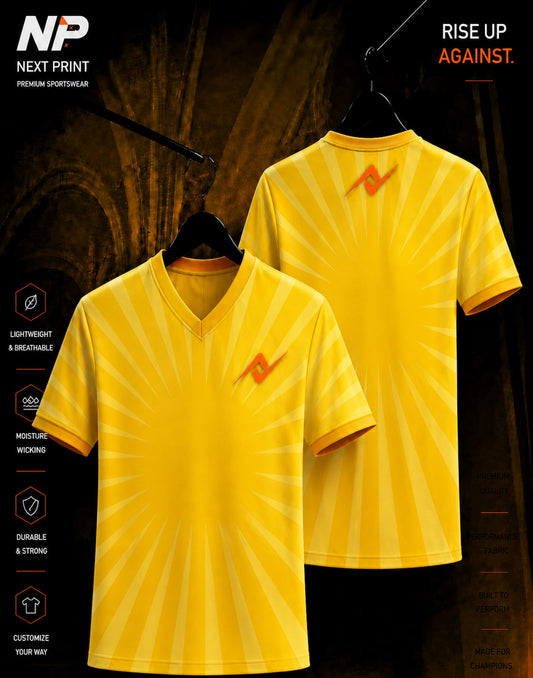 Next Print Radiant Sunburst Yellow Premium V-Neck Esports Jersey Front and Back Mockup