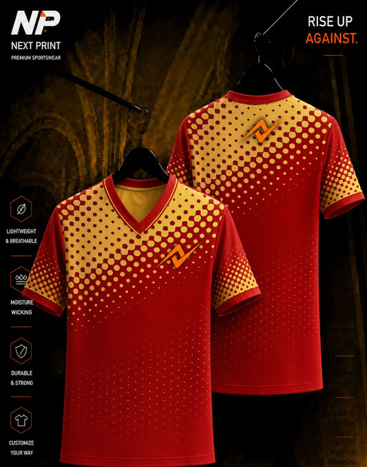 Next Print premium red and gold halftone V-neck sublimation sports jersey front and back mockup
