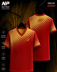 Next Print premium red and gold halftone V-neck sublimation sports jersey front and back mockup