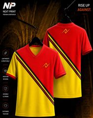 Next Print premium red and yellow diagonal stripe custom sublimation sports jersey front and back mockup