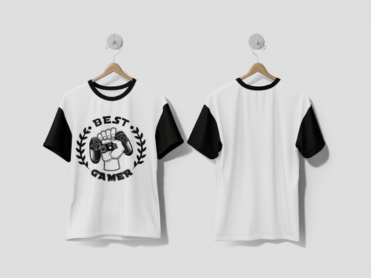 NEXT PRINT Retro best gamer badge vector illustration. Monochrome hand grasping game controller Design T-Shirt - Next Print