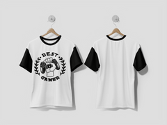 NEXT PRINT Retro best gamer badge vector illustration. Monochrome hand grasping game controller Design T-Shirt - Next Print