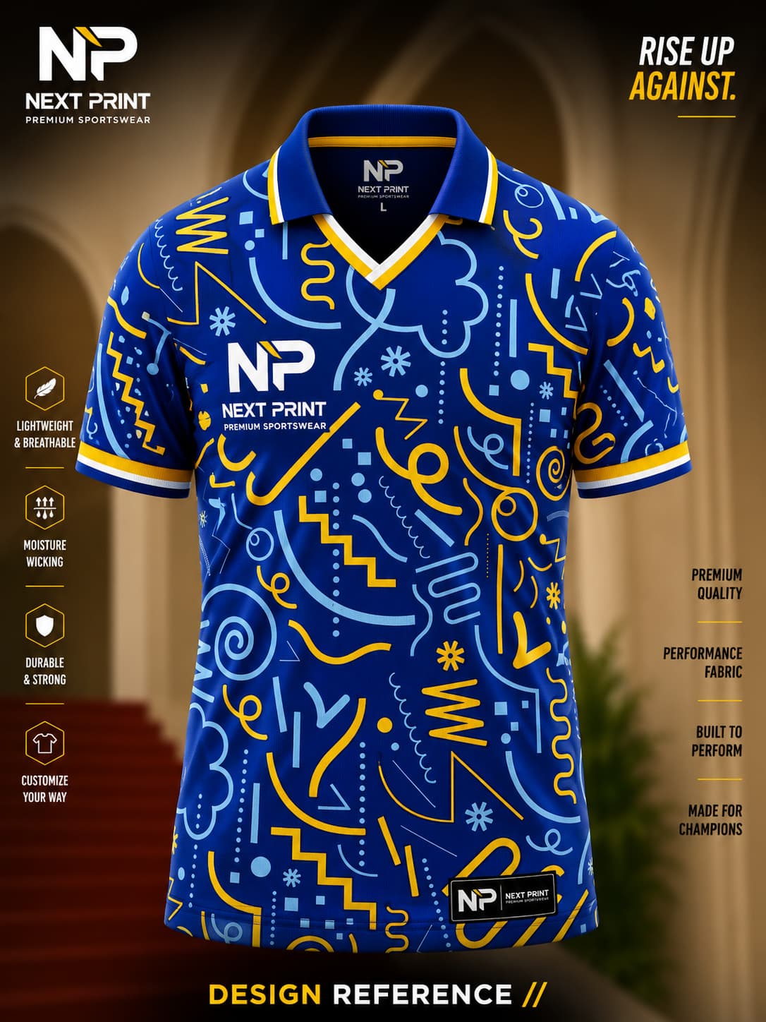 Front view of Next Print royal blue abstract pattern polo cricket jersey featuring yellow and sky-blue graphic artwork with premium sublimation sportswear.