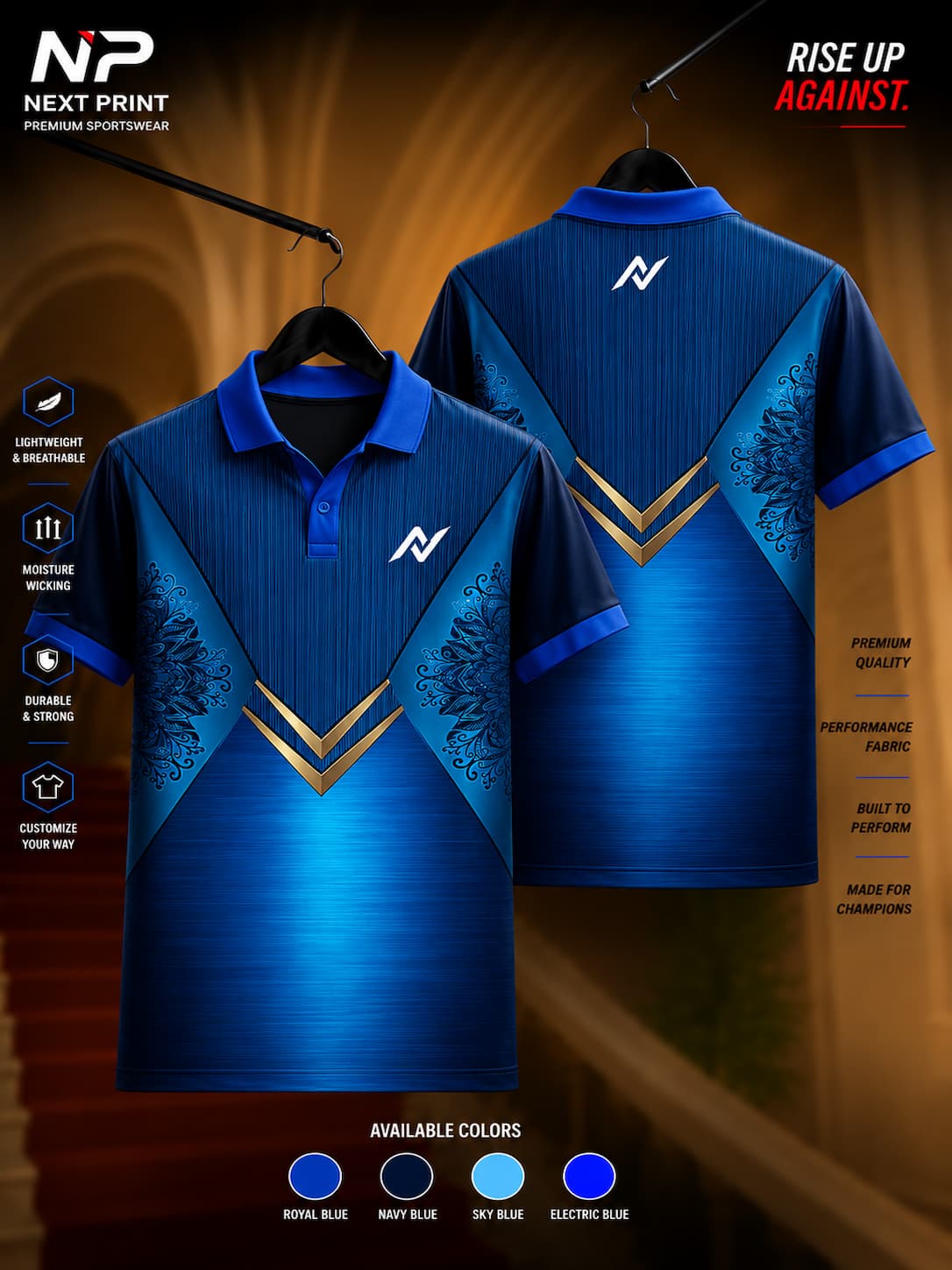 Next Print Royal Blue Heritage Polo Collar Sports Jersey featuring a royal blue gradient, gold V-chevron accents, decorative side artwork, and front and back views.
