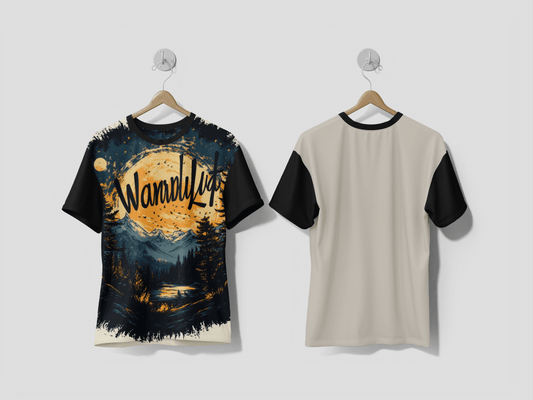 Next Print Scenic illustration of mountains and trees under a moonlit sky design Printed T-shirt - Next Print