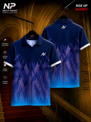 Navy blue polo cricket jersey featuring abstract shadow flame graphics with diagonal performance lines and blue gradient, front and back view by Next Print.