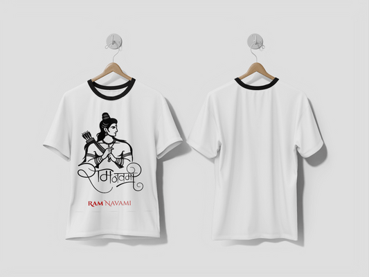 NEXT PRINT Shree ram navami HIndi calligraphy with lord ram illustration and ayodhya mandir design t-shirt - Next Print