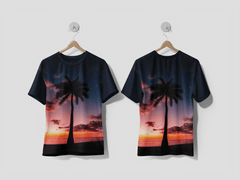 NEXT PRINT Silhouette of a palm tree under a galaxy sky at sunset Design printed t-shirt - Next Print
