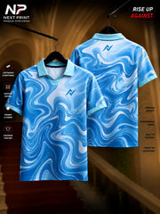 Front and back view of a sky blue marble flow polo collar V-neck cricket jersey with abstract swirl design by Next Print.
