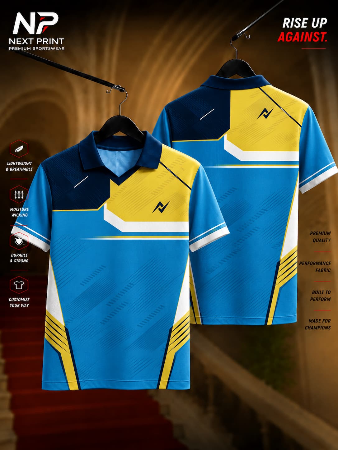 Sky blue polo collar cricket jersey with navy blue and yellow geometric graphics in premium dry-fit fabric, front and back view.