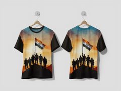 NEXT PRINT Soldiers stand on a mountain with a flag in the air generative ai Design printed t-shirt - Next Print