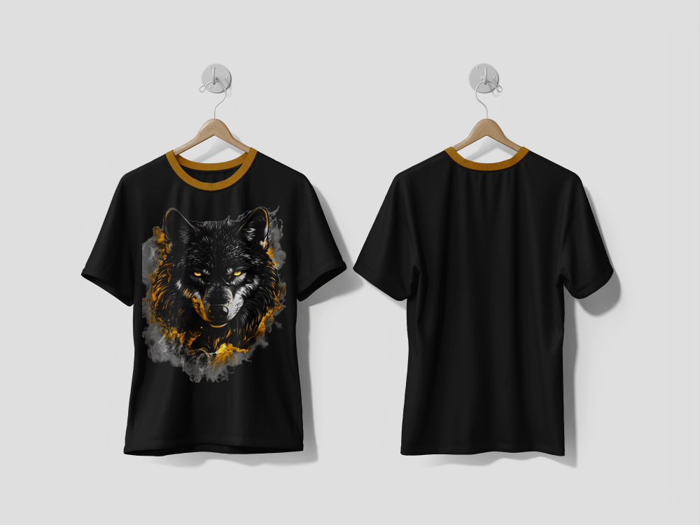 NEXT PRINT Striking Wolf T-Shirt Design with Fiery and Smoky Elements on a Dark Background. - Next Print