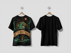 Next Print stylized illustration of Earth surrounded by trees and a banner promoting environmental awareness design Printed T-shirt - Next Print