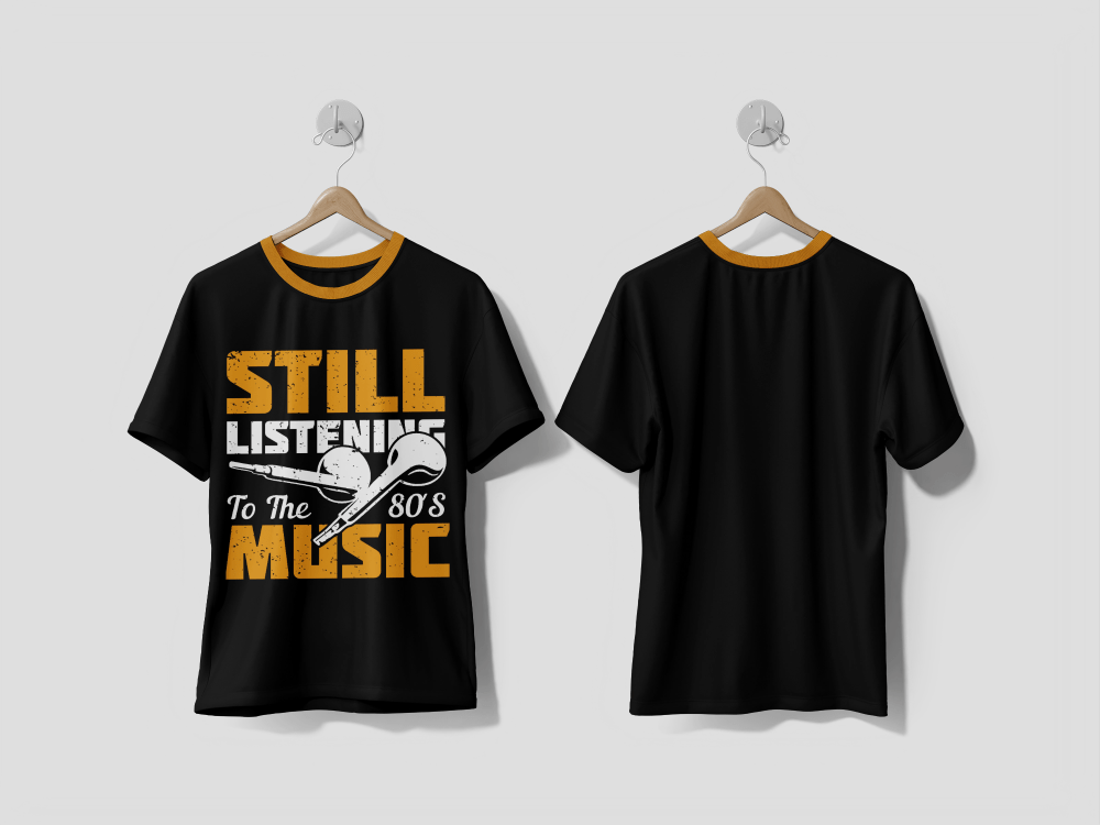 Next Print T shirt design still listening to the 80's music with handsfree and black background vintage illustration Printed t-shirt - Next Print