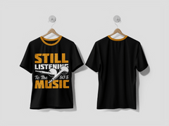 Next Print T shirt design still listening to the 80's music with handsfree and black background vintage illustration Printed t-shirt - Next Print