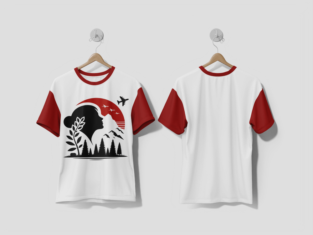 Next Print T-shirt designs a mountain a red sun a tree a human and a human face Printed T-shirt - Next Print