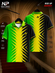 Next Print Thunder Bolt neon green, yellow and black performance polo jersey with lightning graphics and premium dry-fit sports fabric.