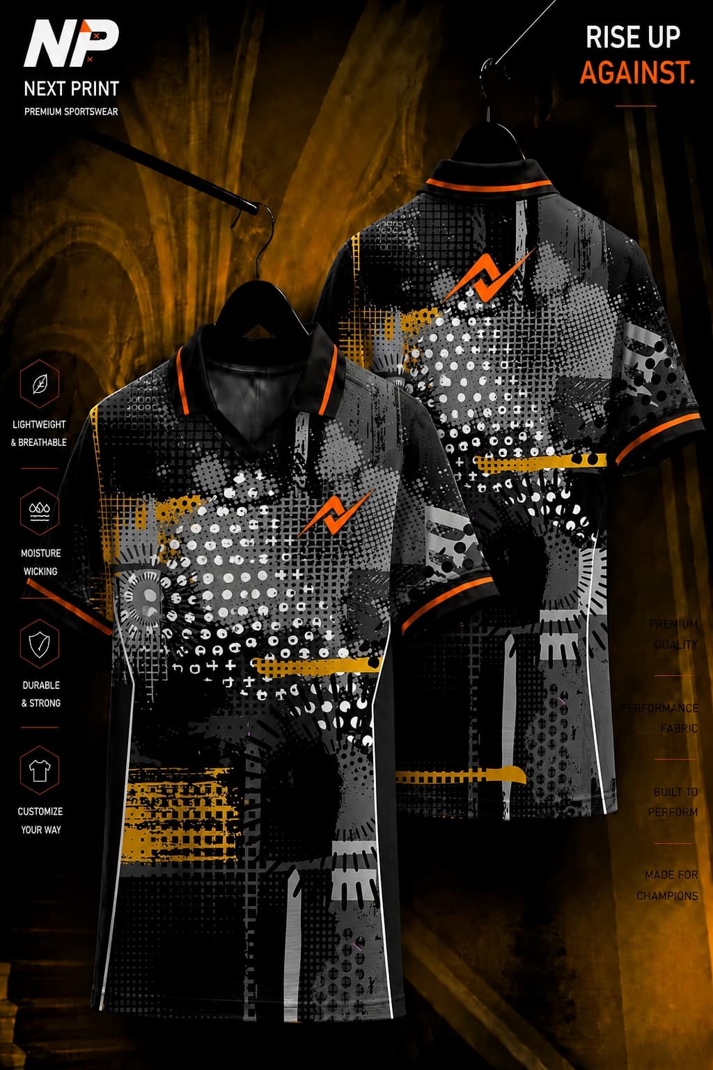 Next Print premium black and gold abstract grunge sublimation polo jersey front and back mockup