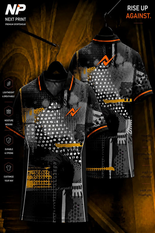 Next Print premium black and gold abstract grunge sublimation polo jersey front and back mockup