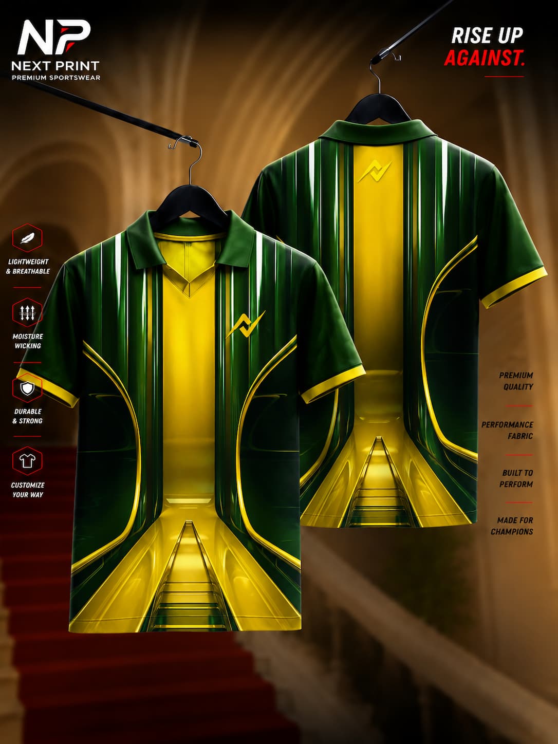 Next Print Velocity Edge green and gold premium polo sports jersey featuring futuristic vertical graphics with dry-fit performance fabric.