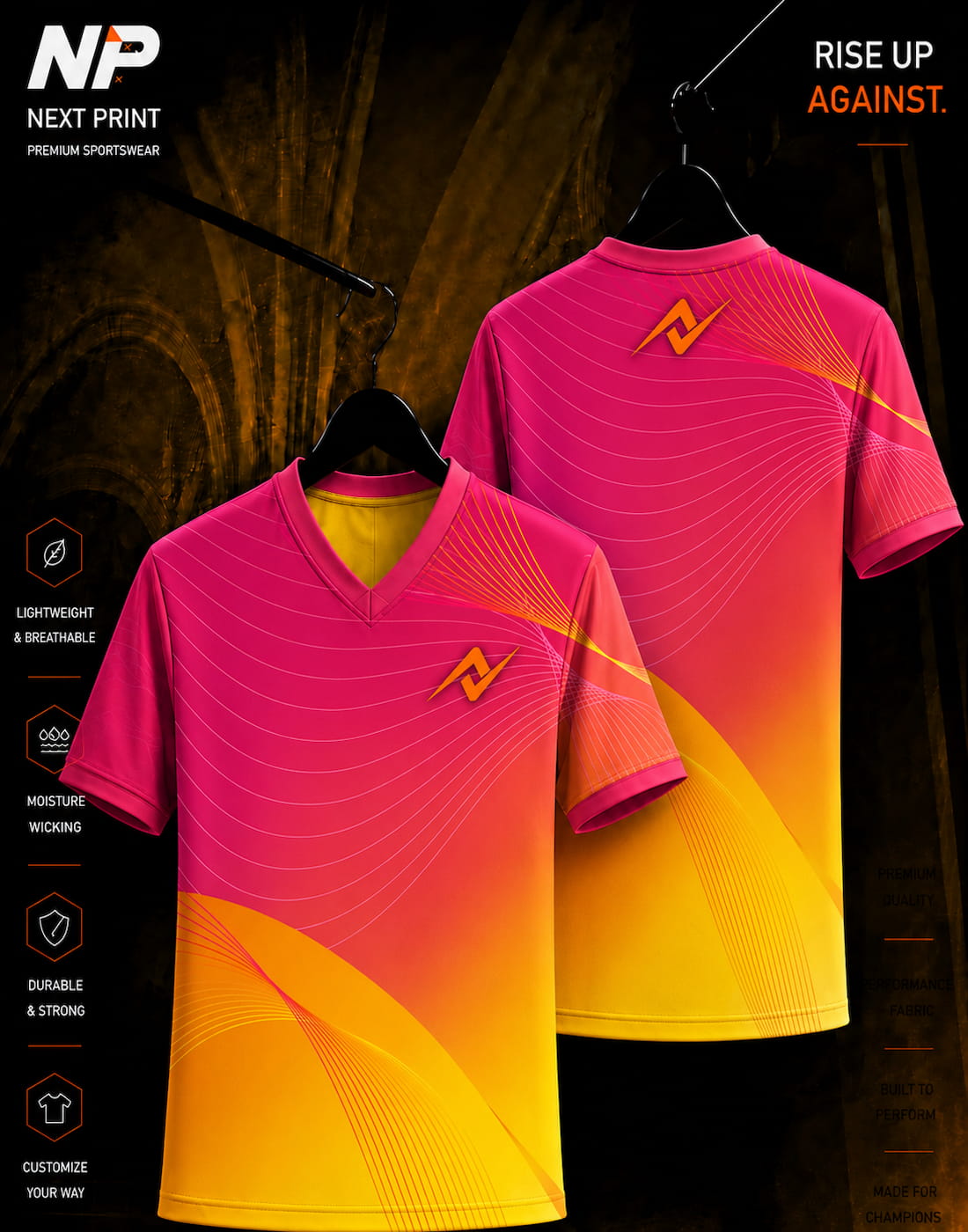 Next Print pink and gold custom esports jersey with flowing wave pattern, premium V-neck sublimation sportswear front and back view.