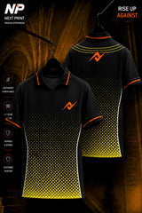 Black and yellow polo cricket jersey featuring a halftone gradient and geometric pattern shown in front and back views.