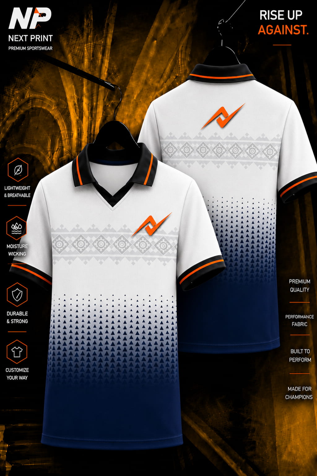 Front and back view of Next Print White Navy Tribal Gradient Premium Custom Polo Jersey with grey tribal stripe and navy gradient sublimation design.