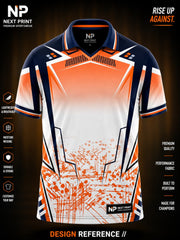 Front view of Next Print white and orange elite performance polo cricket jersey featuring navy blue accents, geometric graphics, and premium sublimation sportswear.