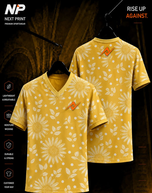 Yellow floral pattern premium V-neck sublimation sports jersey with front and back view by Next Print