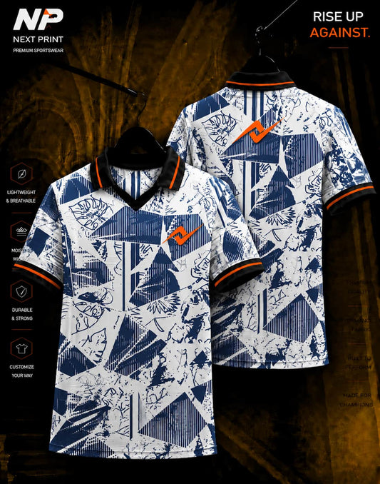 NextPrint premium blue abstract geometric polo sports jersey front and back mockup with custom logo