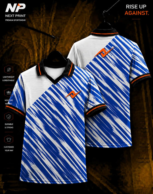Blue and white diagonal brush stroke sublimation polo jersey with front and back mockup by Next Print.