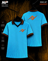 NextPrint Aqua Burst Performance Polo Jersey featuring a vibrant blue halftone burst design with front and back views.